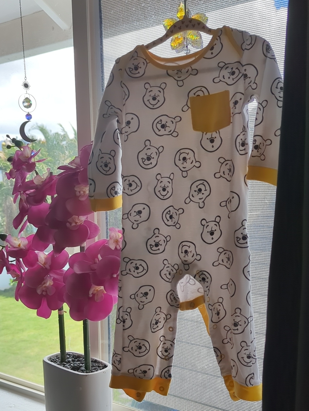 Disney White and Yellow Infant Bodysuit with Pooh Bear Motif